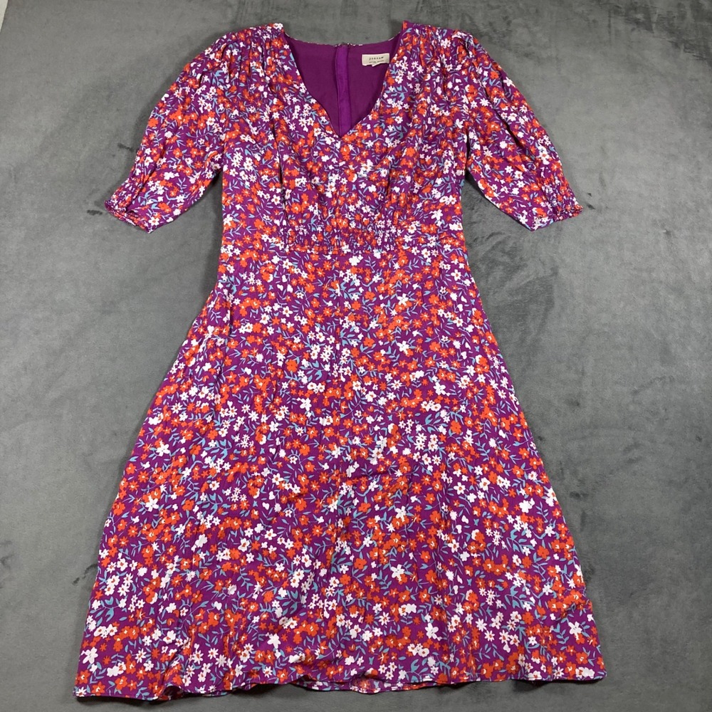 Jigsaw Purple Floral V-Neck Smocked Waist Midi Dress Short Puff Sleeve US 6